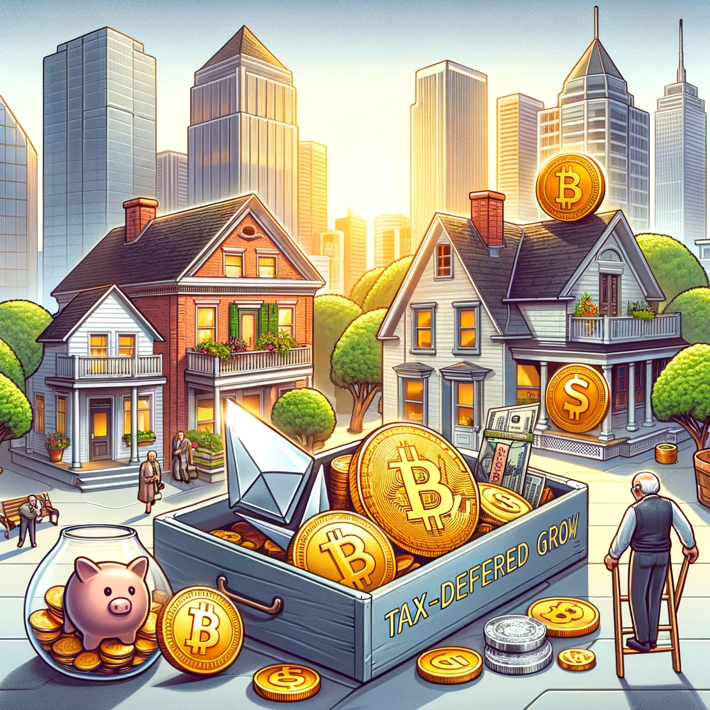 An illustration for a blog post featuring a diverse portfolio of investment options. The scene includes visual representations of Bitcoin, Ethereum, and Solana, alongside traditional assets like stocks and real estate. The focus is on the concept of tax-deferred growth within a self-directed IRA, highlighting the benefits of utilizing alternative assets for retirement planning. The image should be detailed and engaging, conveying the idea of financial growth and diversification.