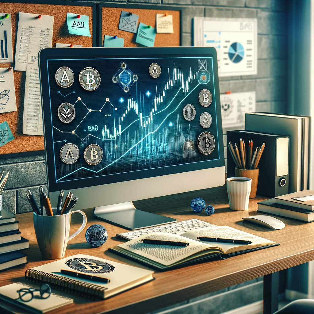 A stock image featuring a modern, clean desk with a computer displaying graphs and cryptocurrency logos on the screen. Beside the computer, there's a notebook with handwritten notes about AI and trading strategies. Several finance-related books are stacked neatly on the desk, along with a cup of coffee, symbolizing long hours of research. In the background, a corkboard or whiteboard is visible with various tasks and goals, emphasizing themes of freelancing and personal branding. The setting conveys a focused work environment, suitable for an entrepreneur engaged in the digital economy, crypto, and AI space.