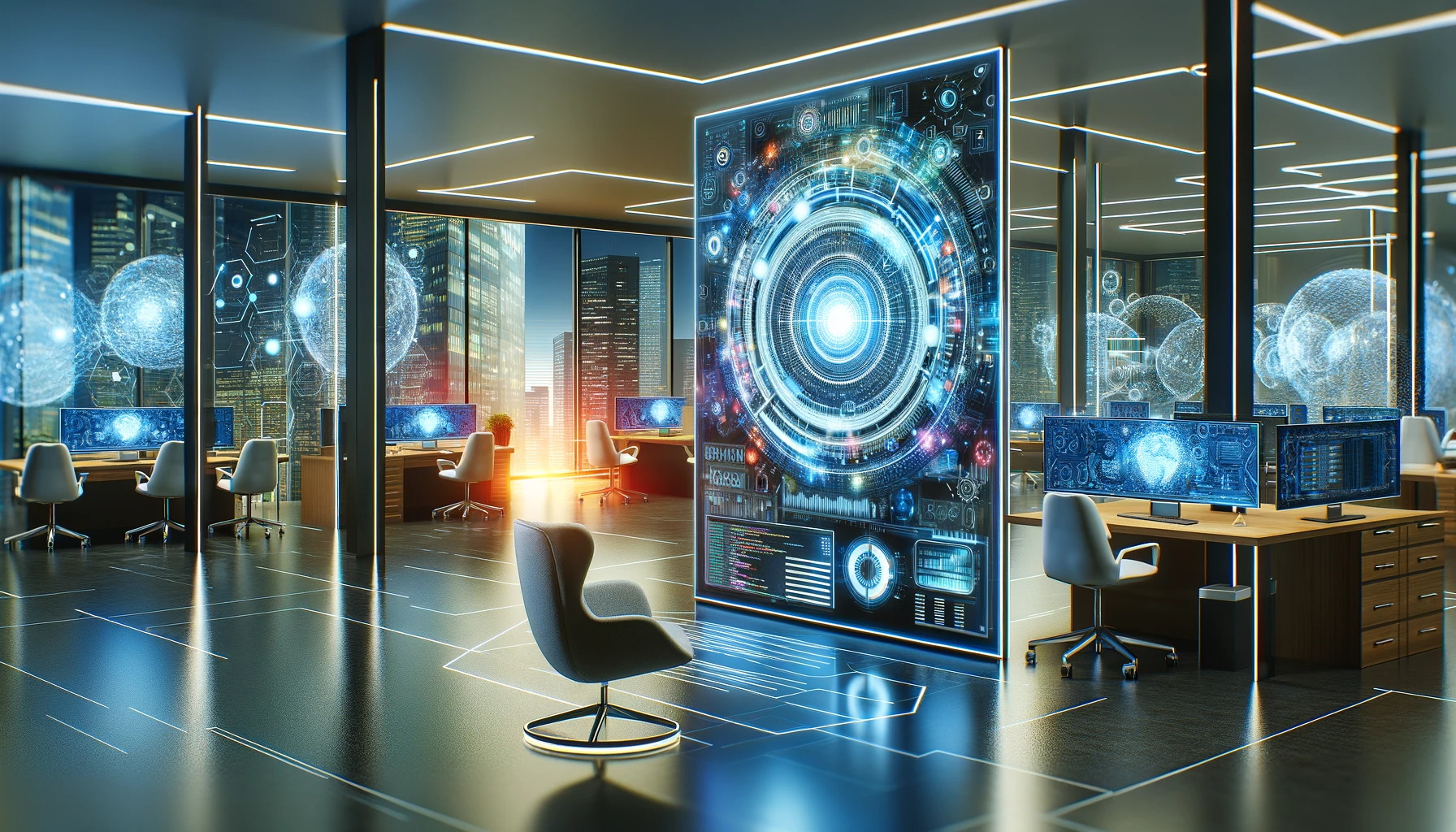 A futuristic workspace with advanced AI and blockchain technology, featuring screens displaying complex code and digital interfaces, amidst a modern, sleek office environment. The setting is vibrant yet professional, embodying the cutting-edge nature of AI and blockchain development.
