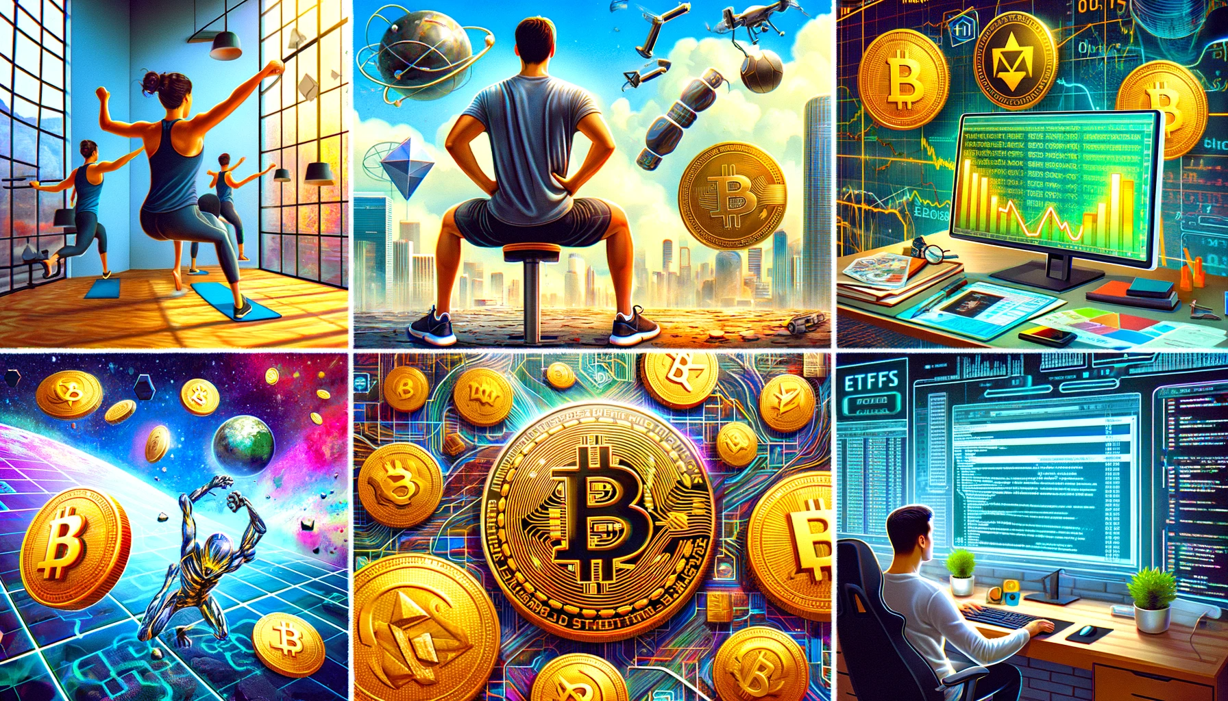 A collage for a blog post featuring six different themes: 1) A person doing equipment-free exercises like push-ups or squats at home. 2) An abstract representation of Bitcoin and ETFs, like golden coins with the Bitcoin symbol and documents or graphs. 3) Futuristic elements and gaming graphics inspired by a popular puzzle-platform game. 4) A computer screen displaying code and a certification badge, symbolizing tech education and certifications. 5) A juxtaposition of a corporate office setting with a home office, representing remote work and office policies. 6) Various cryptocurrencies, like coins and digital symbols, depicting the crypto market. The image should be vibrant and engaging, capturing the essence of each theme.